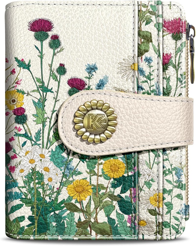 Kelvoris Aesthetic Flower Floral Small Rfid Women Wallet Bifold Zipper Coin Pocket PU Leather Compact Cash Credit Card Holder Travel Wallet for Female Ladies Teen Girls 1 ID Window 10 Card Slots - Image 1